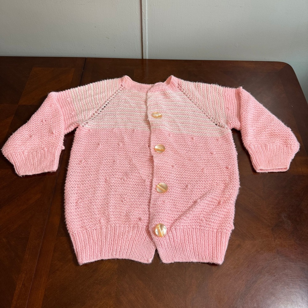 Vintage  Cardigan Hand Knitted Sweater Pink Bobble‎ Detail Buttons Adorable